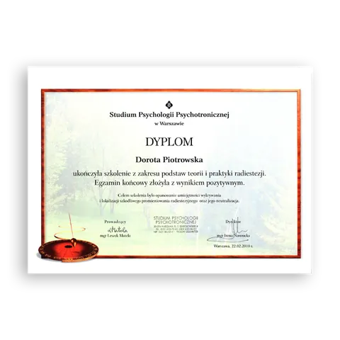 Dyplom ukończenia studium, Studium Psychologii Psychotronicznej
