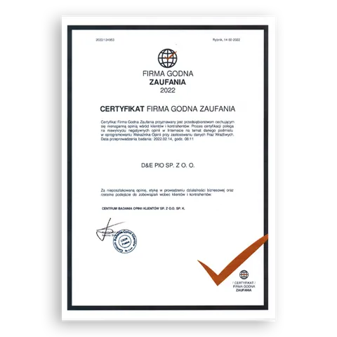 Firma Godna Zaufania 2022, certyfikat