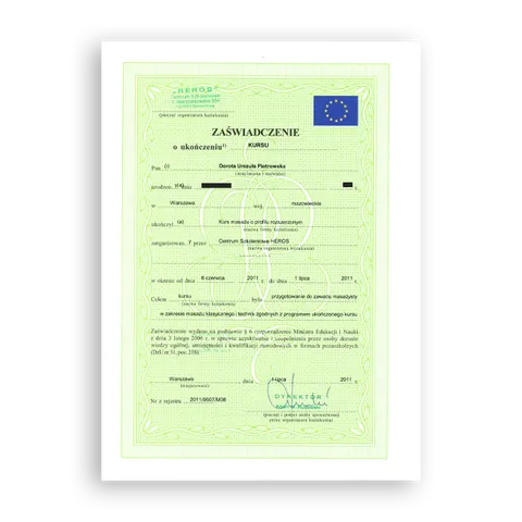 Zaświadczenie o ukończeniu kursu, kurs zawodowy